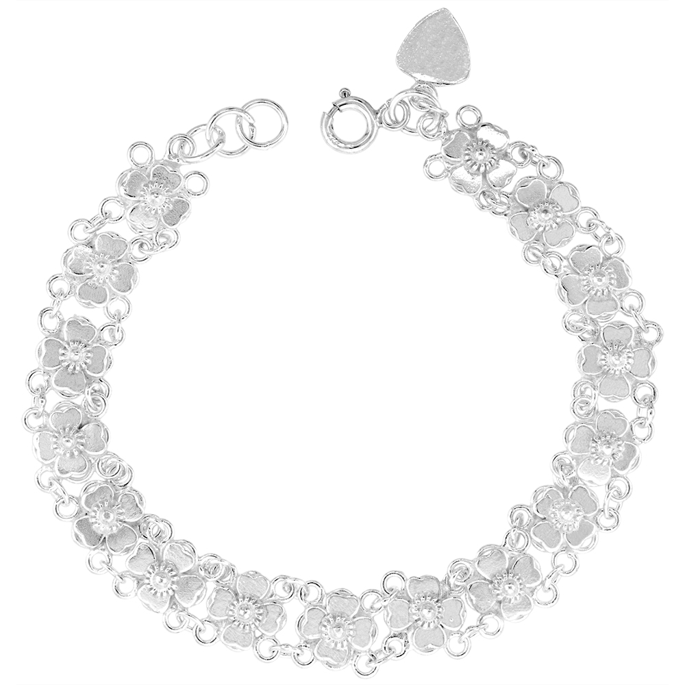 3/8 INCH WIDE STERLING SILVER CLOVER HEARTS CHARM BRACELET FOR WOMEN 10MM FITS 7-8 INCH WRISTS