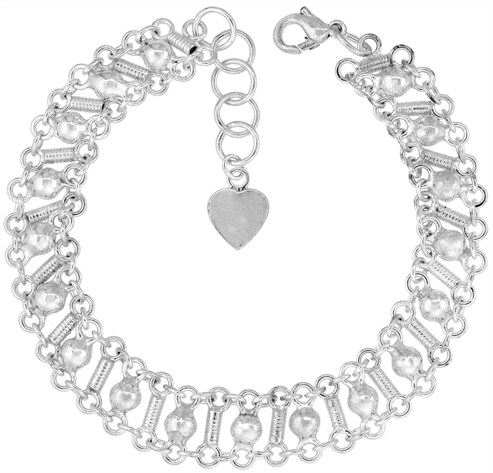 3/8 INCH WIDE STERLING SILVER ROPE BARS AND BEADS CHARM BRACELET FOR WOMEN 10MM FITS 7-8 INCH WRISTS