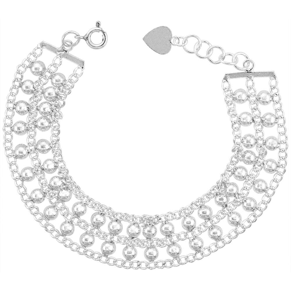 5/8 INCH WIDE STERLING SILVER DOUBLE ROW HALF BEADS CHARM BRACELET FOR WOMEN 15MM FITS 8-9 INCH WRISTS