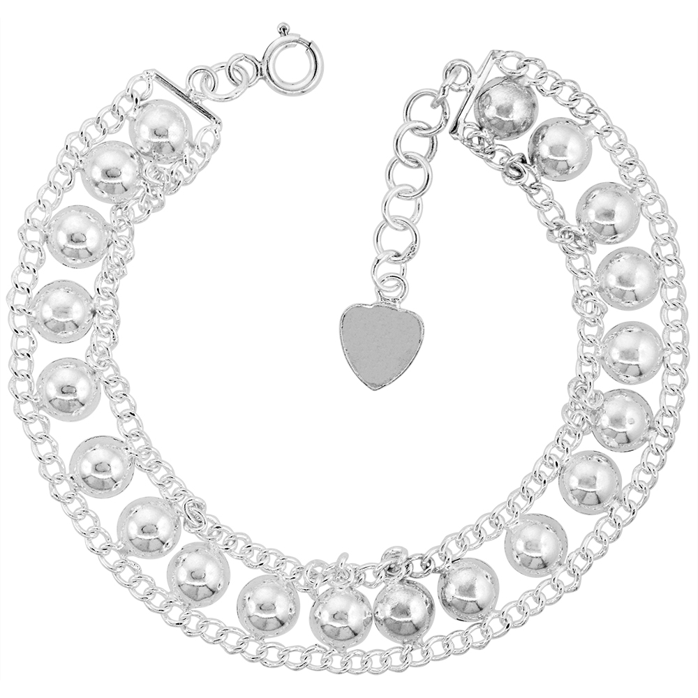 3/8 INCH WIDE STERLING SILVER HALF BEADS CHARM BRACELET FOR WOMEN 10MM FITS 7-8 INCH WRISTS