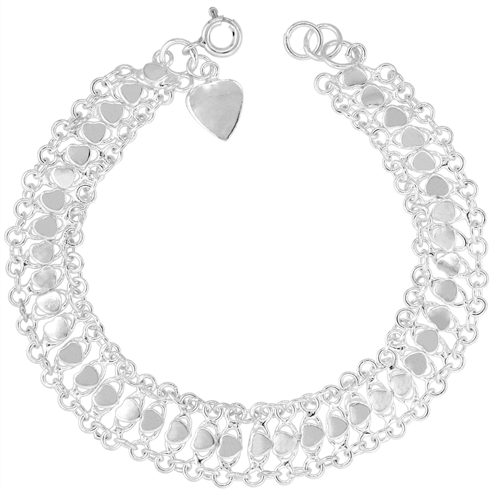 1/2 INCH WIDE STERLING SILVER TEENY HEARTS CHARM BRACELET FOR WOMEN 12MM FITS 7-8 INCH WRISTS