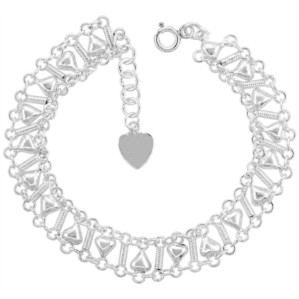 1/2 INCH WIDE STERLING SILVER HEARTS CHARM BRACELET FOR WOMEN 12MM FITS 7-8 INCH WRISTS