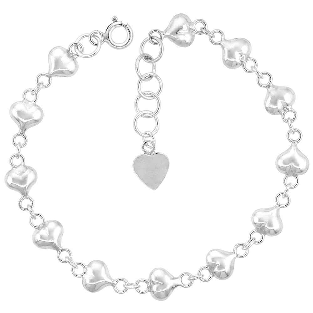 1/4 INCH WIDE STERLING SILVER LINKED PUFFY HEARTS CHARM BRACELET FOR WOMEN 7MM FITS 7-8 INCH WRISTS