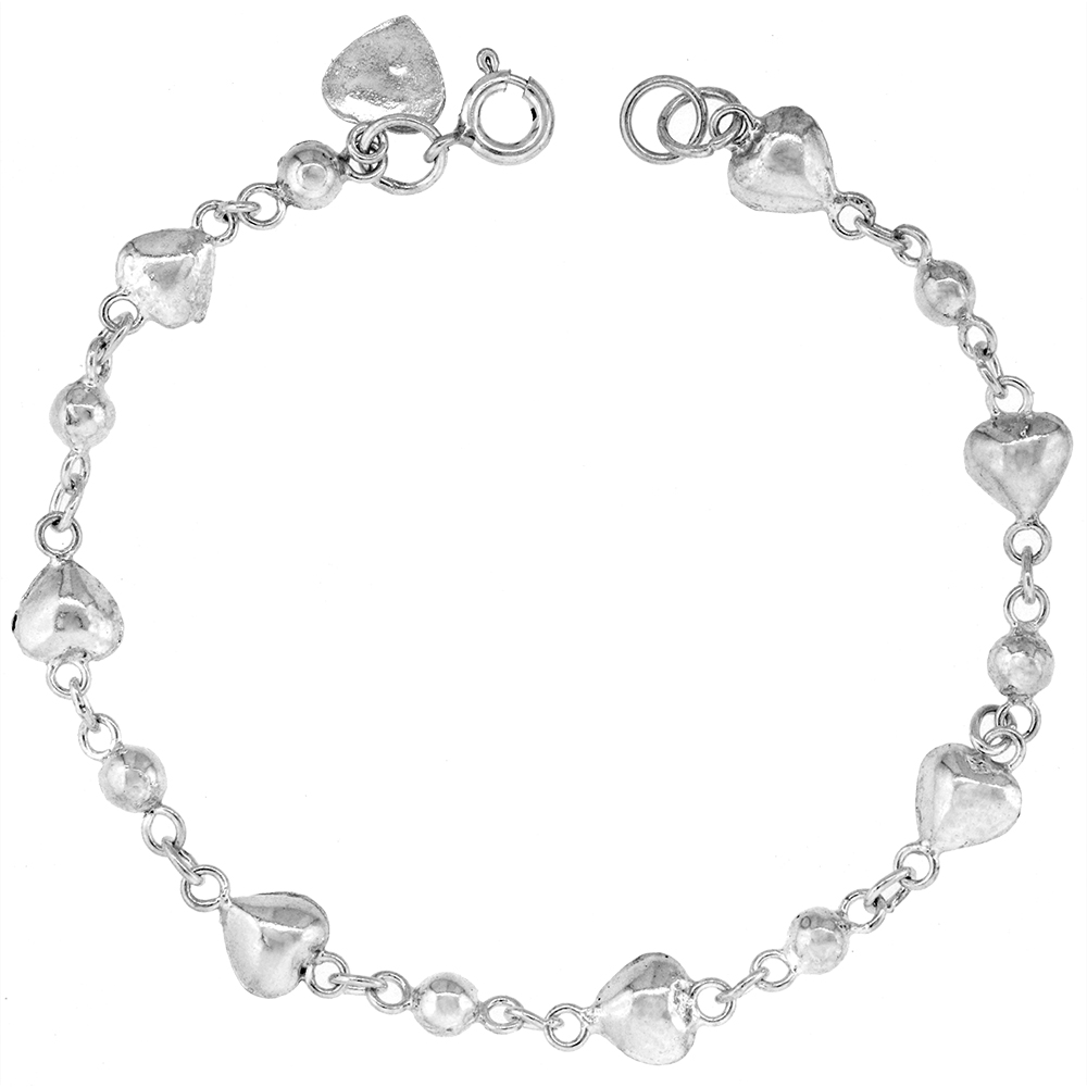 1/4 INCH WIDE STERLING SILVER HEARTS AND BEADS CHARM BRACELET FOR WOMEN 6MM FITS 7-8 INCH WRISTS