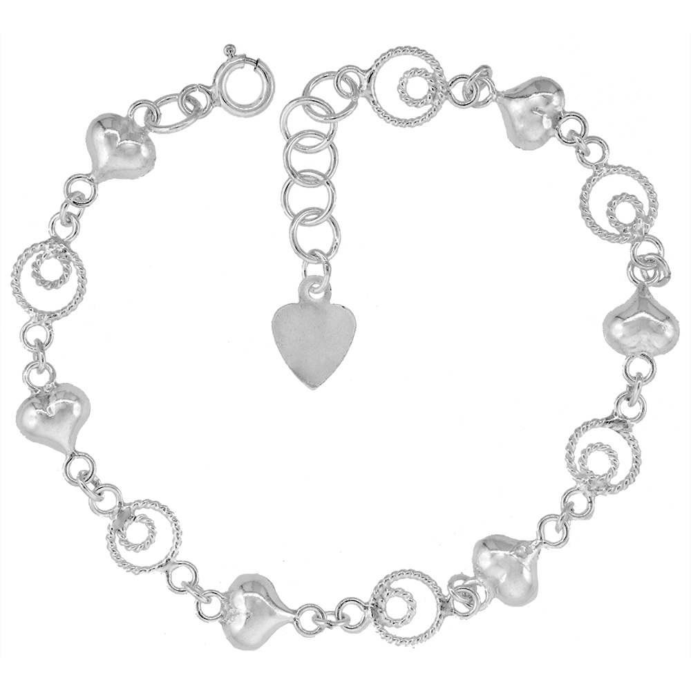 1/4 INCH WIDE STERLING SILVER CIRCLES & PUFFY HEARTS CHARM BRACELET FOR WOMEN 7MM FITS 7-8 INCH WRISTS