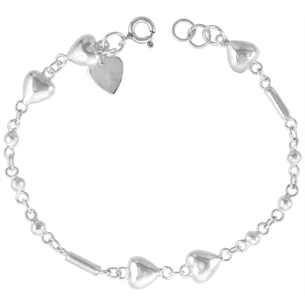 1/4 INCH WIDE STERLING SILVER BARS HEARTS AND BEADS CHARM BRACELET FOR WOMEN 7MM FITS 7-8 INCH WRISTS