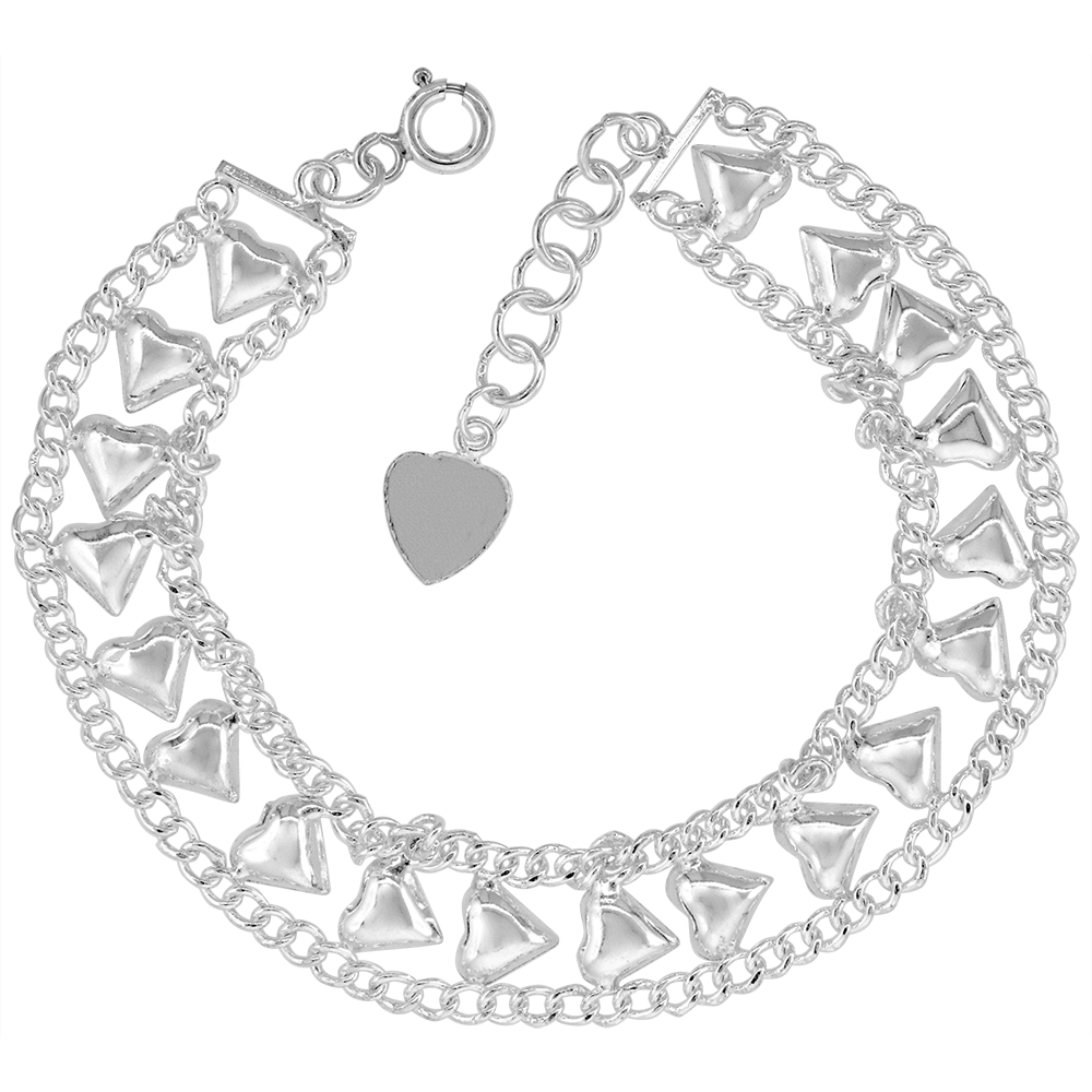 7/16 INCH WIDE STERLING SILVER HALF HEARTS CHARM BRACELET FOR WOMEN POLISHED 11MM FITS 7-8 INCH WRISTS