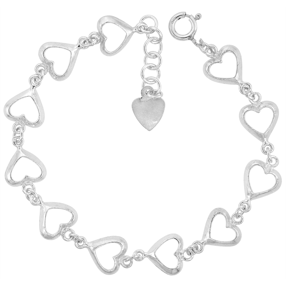 1/2 INCH WIDE STERLING SILVER LINKED CUT-OUT HEARTS CHARM BRACELET FOR WOMEN 12MM FITS 7-8 INCH WRISTS