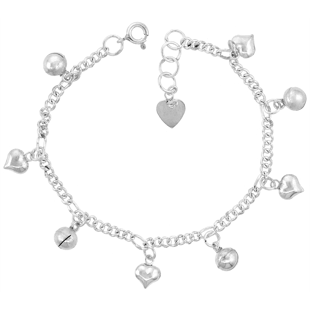 STERLING SILVER DANGLING HEARTS AND JINGLE BELLS ANKLET FOR WOMEN 12MM DROP FITS 9-10 INCH ANKLES