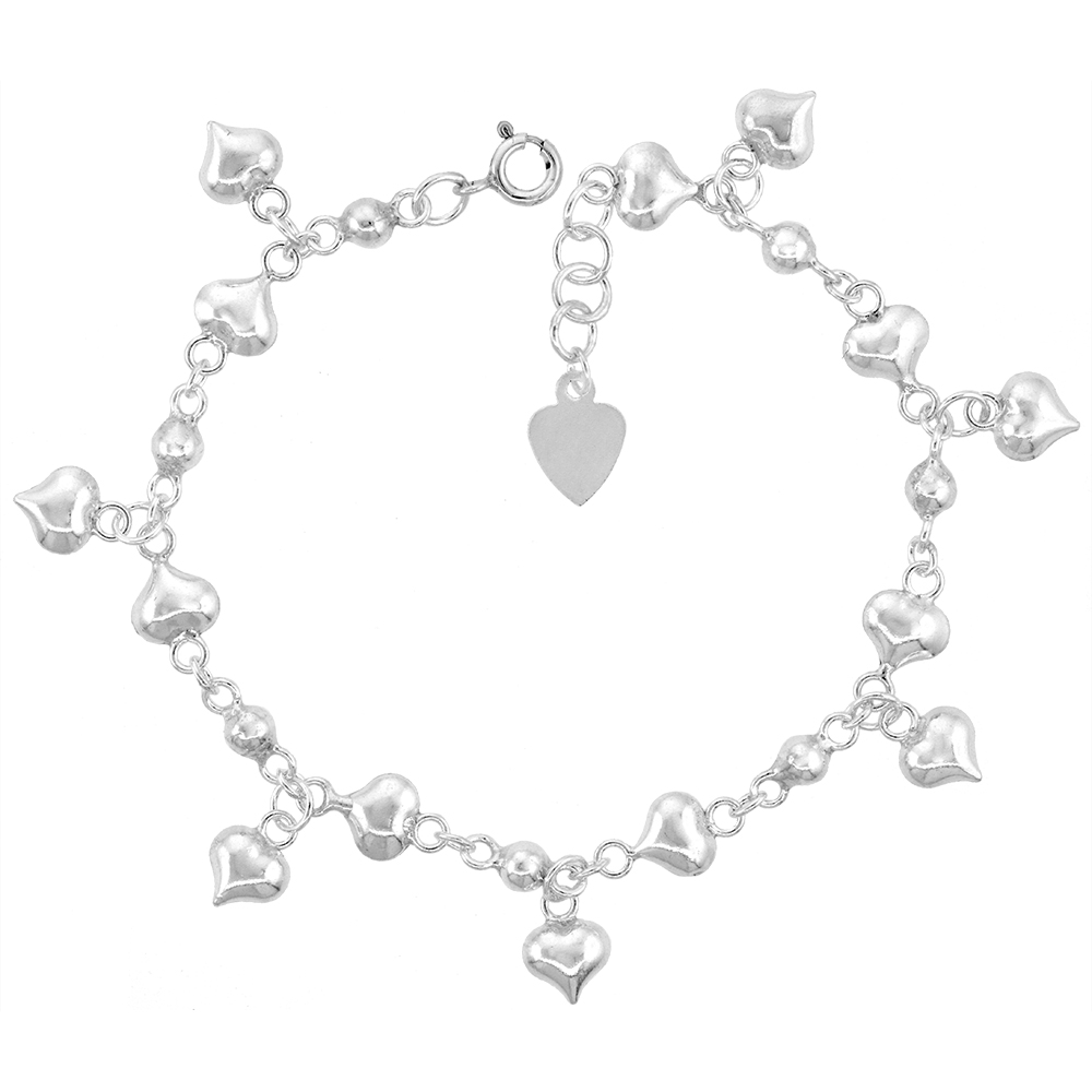 STERLING SILVER DANGLING HEARTS ANKLET FOR WOMEN 15MM DROP FITS 9-10 INCH ANKLES