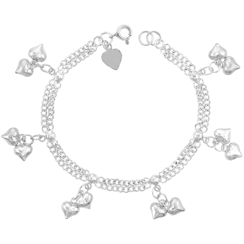 STERLING SILVER DANGLING DOUBLE HEARTS ANKLET FOR WOMEN 2 ROW 16MM DROP FITS 9-10 INCH ANKLES