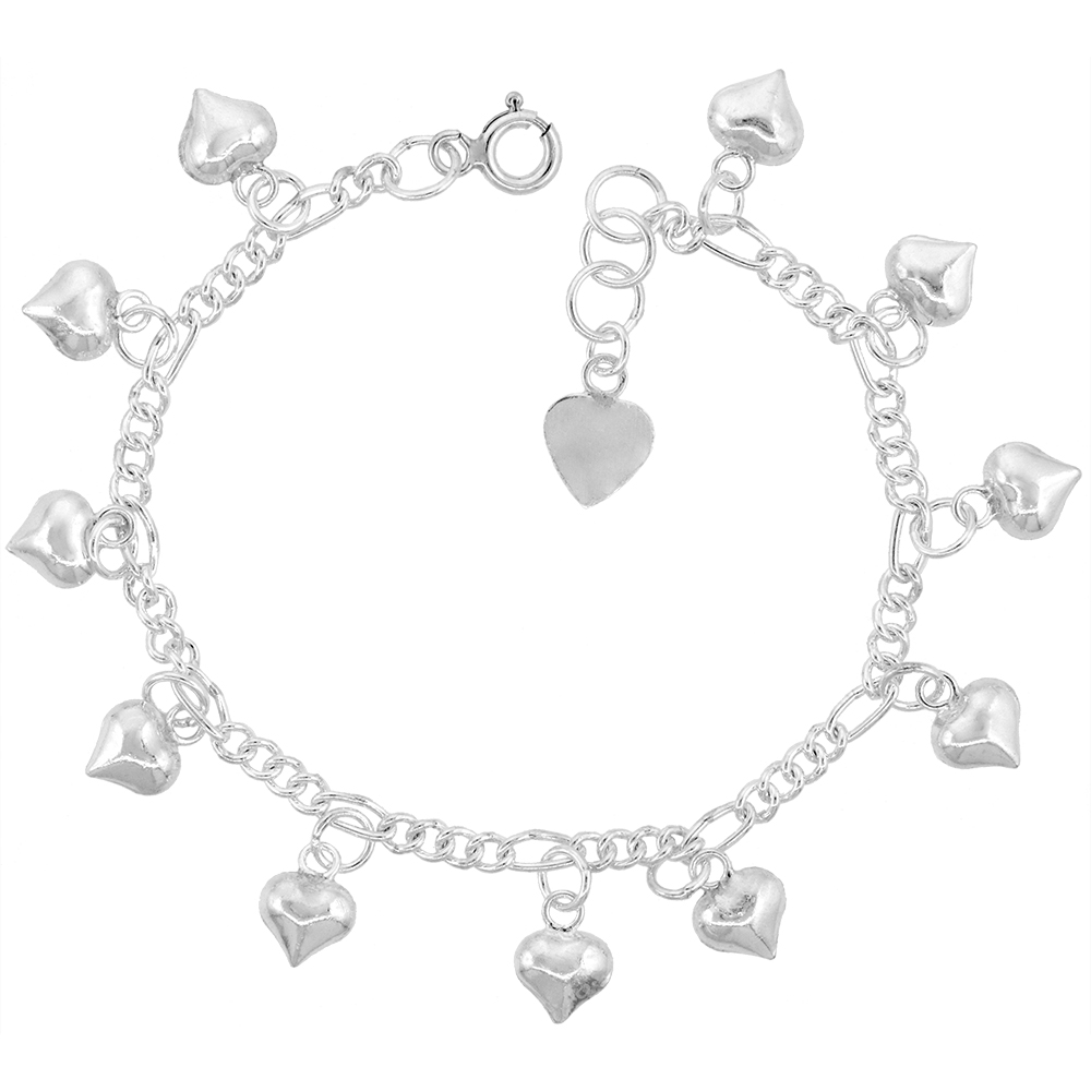 STERLING SILVER DANGLING PUFFY HEARTS ANKLET FOR WOMEN 15MM DROP FITS 9-10 INCH ANKLES