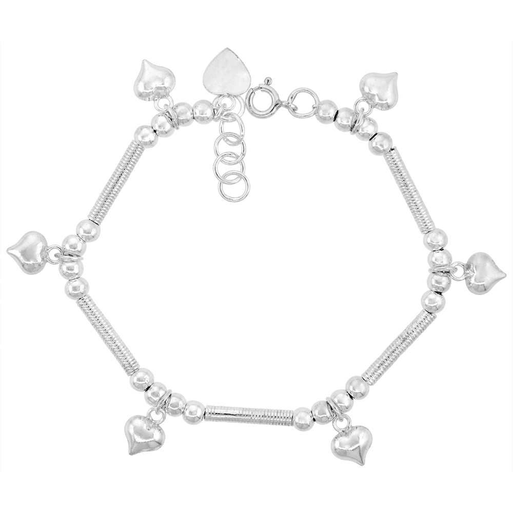 STERLING SILVER DANGLING BEADS PUFFY HEARTS CHARM BRACELET FOR WOMEN ROPE BAR16MM DROP FITS 7-8 INCH WRISTS