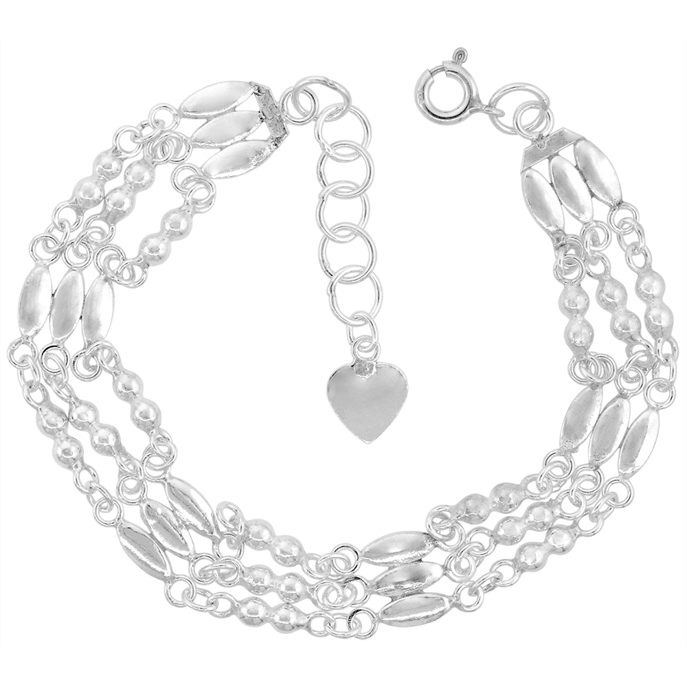 5/16 INCH WIDE STERLING SILVER TRIPLE ROW RICE BEADS AND BARS CHARM BRACELET FOR WOMEN 8MM FITS 7-8 INCH WRISTS