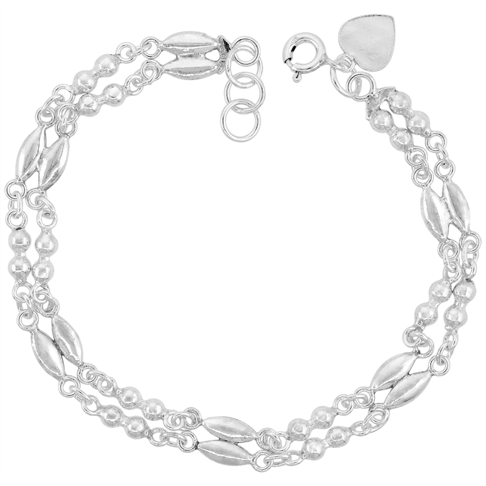 5/16 INCH WIDE STERLING SILVER DOUBLE ROW RICE BEADS AND BARS CHARM BRACELET FOR WOMEN 8MM FITS 7-8 INCH WRISTS
