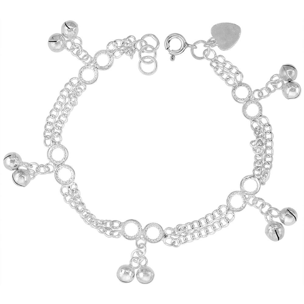STERLING SILVER DANGLING DOUBLE CLUSTER JINGLE BELLS CHARM BRACELET FOR WOMEN 7MM DROP FITS 7-8 INCH WRISTS