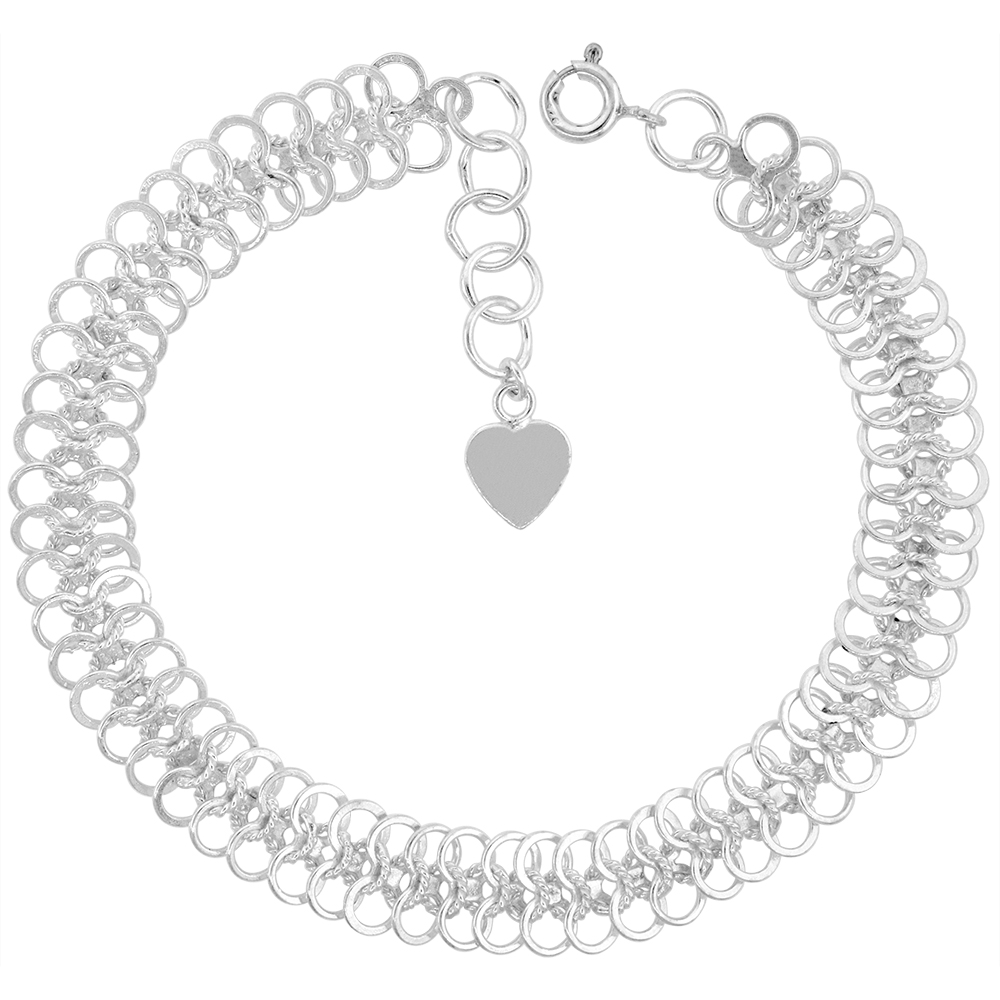 5/8 INCH WIDE STERLING SILVER 2 ROW LINKED CIRCLES CHARM BRACELET FOR WOMEN 15MM FITS 8-9 INCH WRISTS