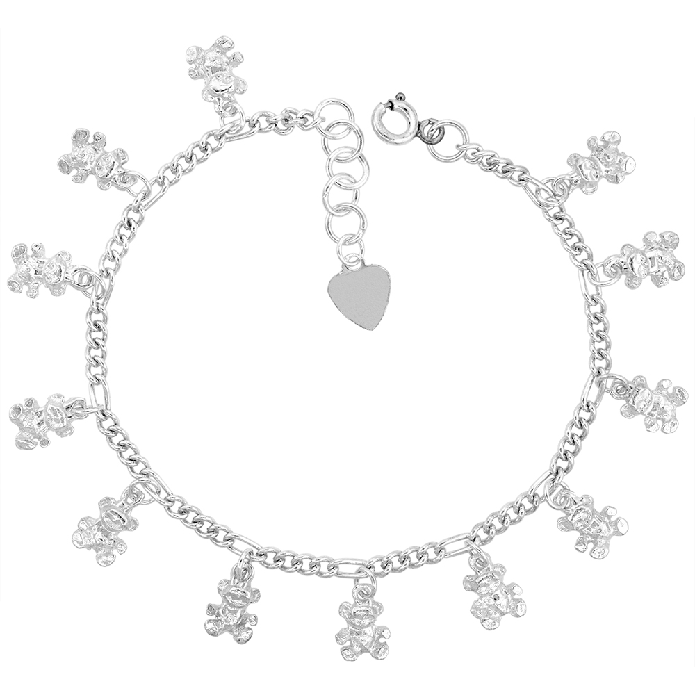 STERLING SILVER DANGLING TEDDY BEARS CHARM BRACELET FOR WOMEN 16MM DROP FITS 7-8 INCH WRISTS