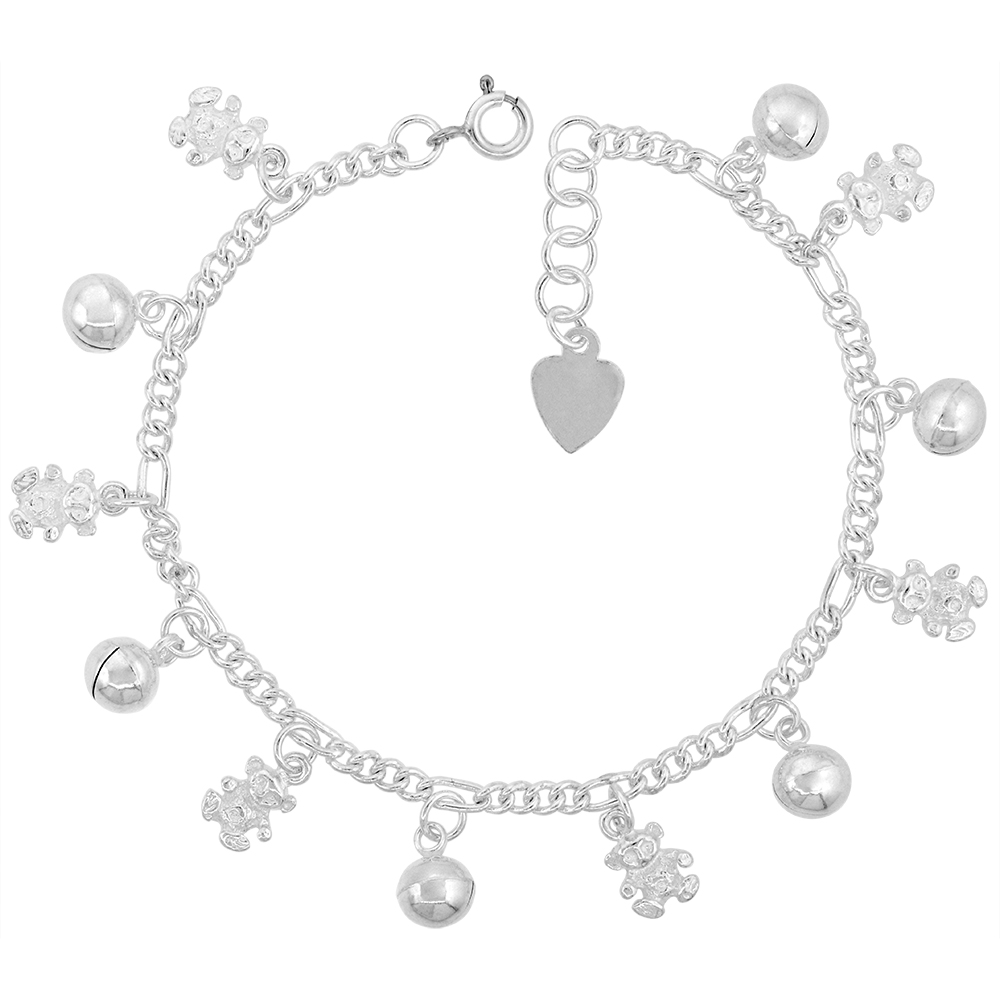 STERLING SILVER DANGLING TEDDY BEARS AND JINGLE BELLS CHARM BRACELET FOR WOMEN 13MM DROP FITS 7-8 INCH WRISTS