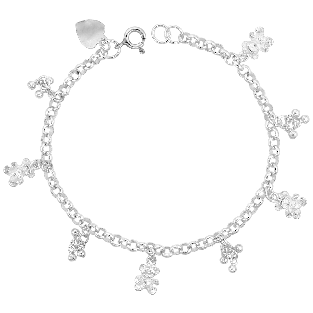 STERLING SILVER DANGLING TEDDY BEARS AND BEADS CHARM BRACELET FOR WOMEN 13MM DROP FITS 7-8 INCH WRISTS
