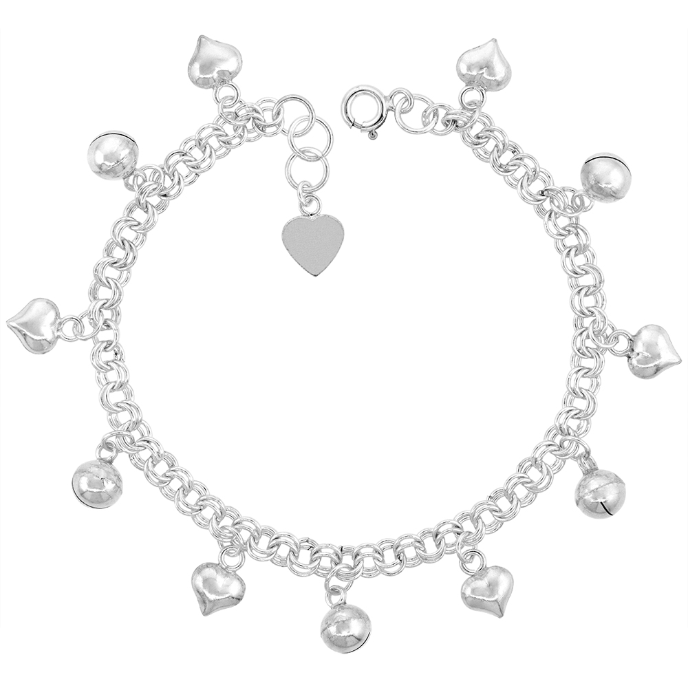 STERLING SILVER DANGLING HEARTS AND JINGLE BELLS ANKLET FOR WOMEN 13MM DROPS FITS 9-10 INCH ANKLES