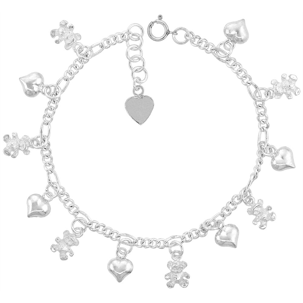STERLING SILVER DANGLING HEARTS AND TEDDY BEARS ANKLET FOR WOMEN 14MM DROPS FITS 9-10 INCH ANKLES