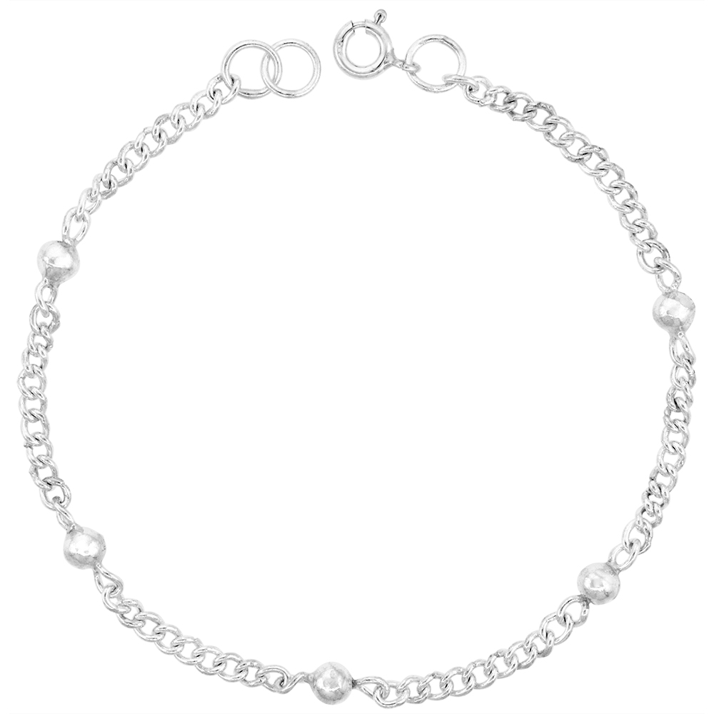 1/8 INCH WIDE STERLING SILVER STATION BEAD CHARM BRACELET FOR WOMEN 4MM CURB LINKS FITS 8-9 INCH WRISTS