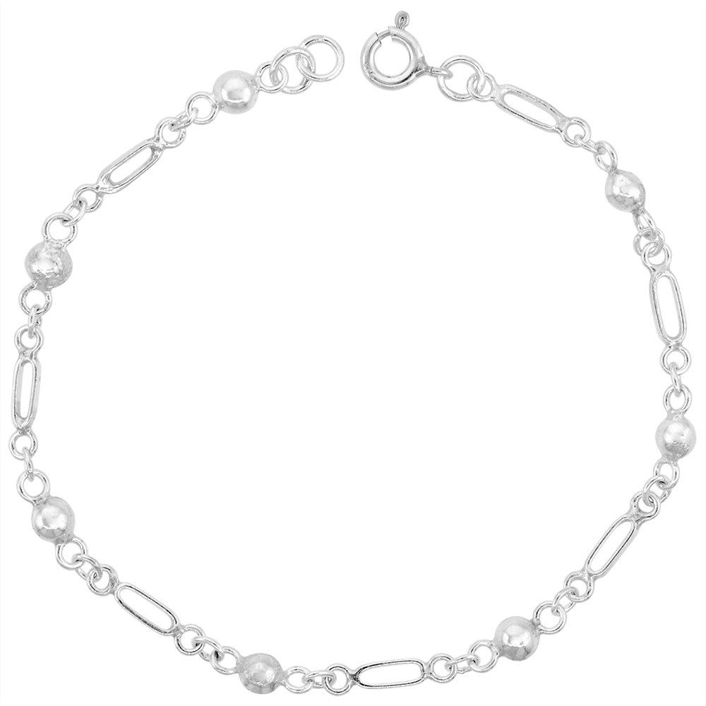1/8 INCH WIDE STERLING SILVER OVAL LINKED BEADS CHARM BRACELET FOR WOMEN 4MM FITS 7-8 INCH WRISTS