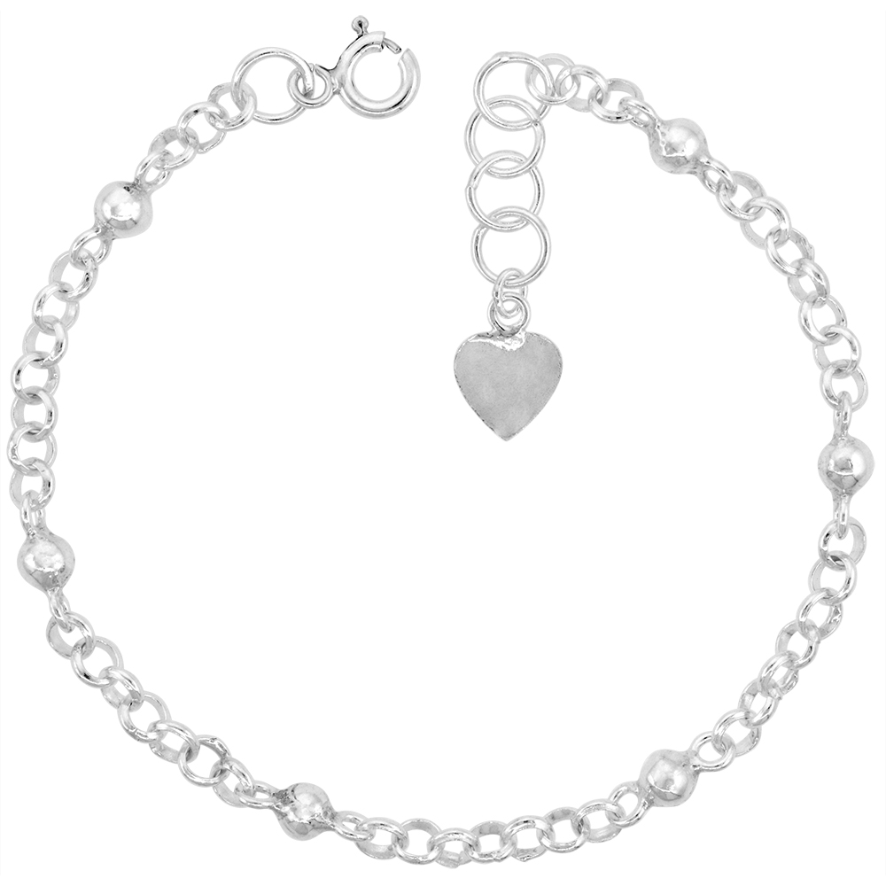1/8 INCH WIDE STERLING SILVER LINKED BEADS CHARM BRACELET FOR WOMEN 4MM ROLO LINKS FITS 7-8 INCH WRISTS