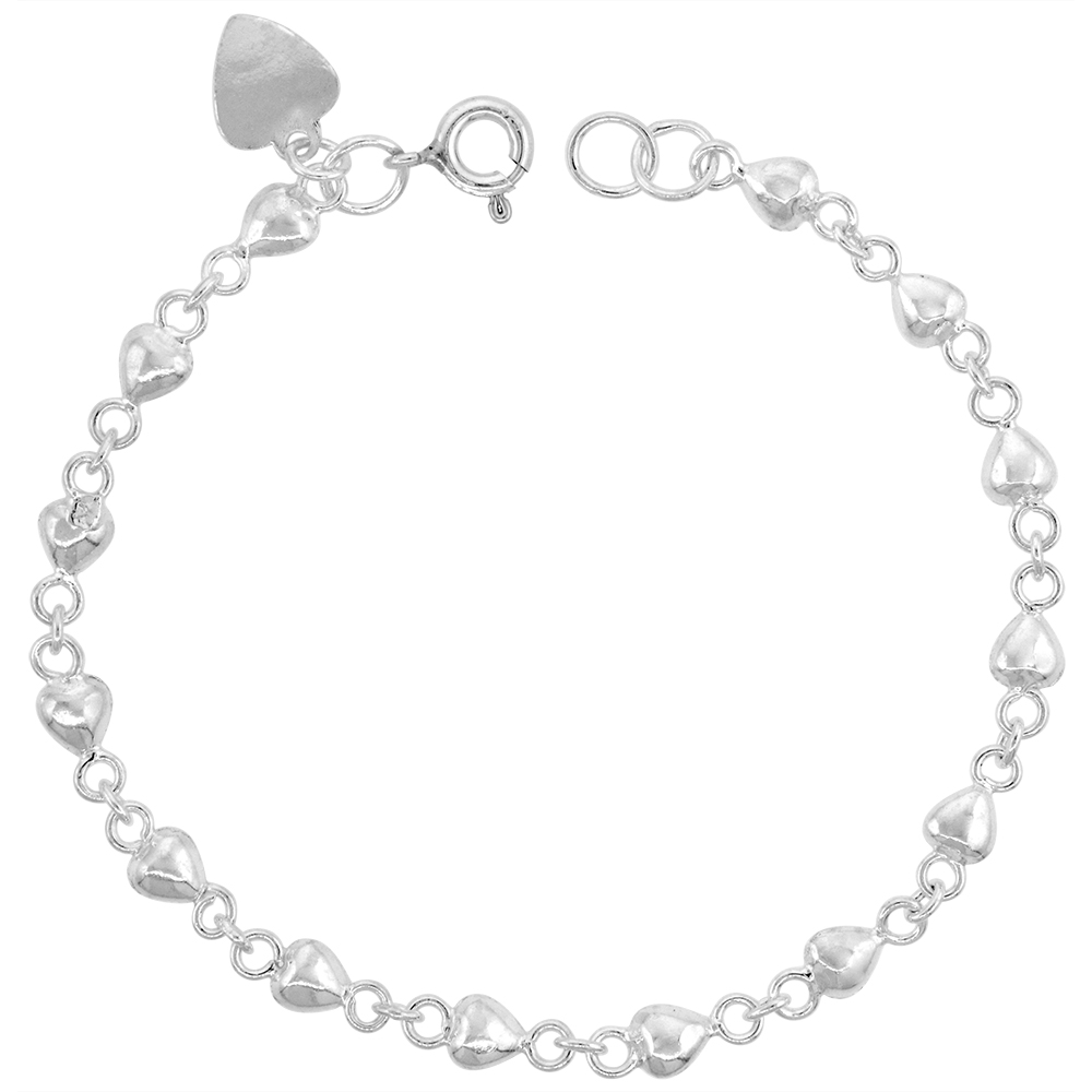 3/16 INCH WIDE STERLING SILVER LINKED TEENY PUFFY HEARTS CHARM BRACELET FOR WOMEN 5MM FITS 7-8 INCH WRISTS
