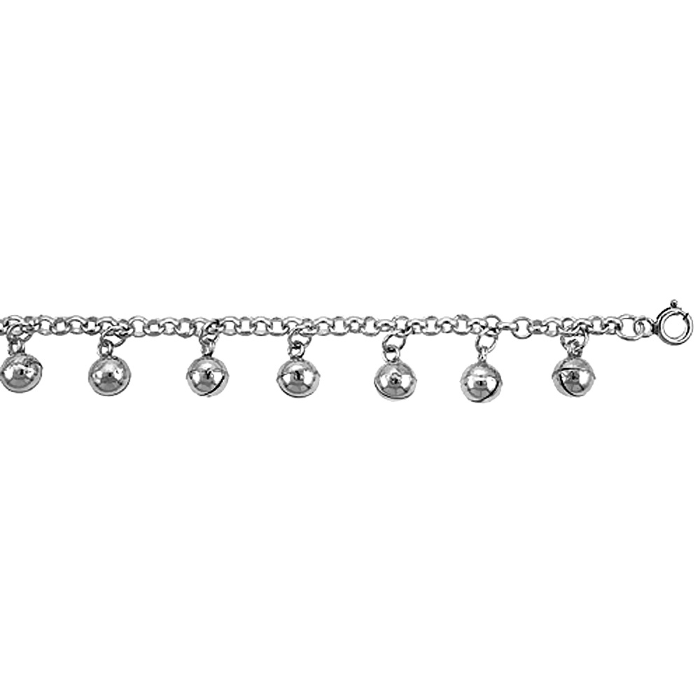 STERLING SILVER DANGLING JINGLE BELLS ANKLET FOR WOMEN ROLO LINKS 12MM DROPS FITS 9-10 INCH ANKLES