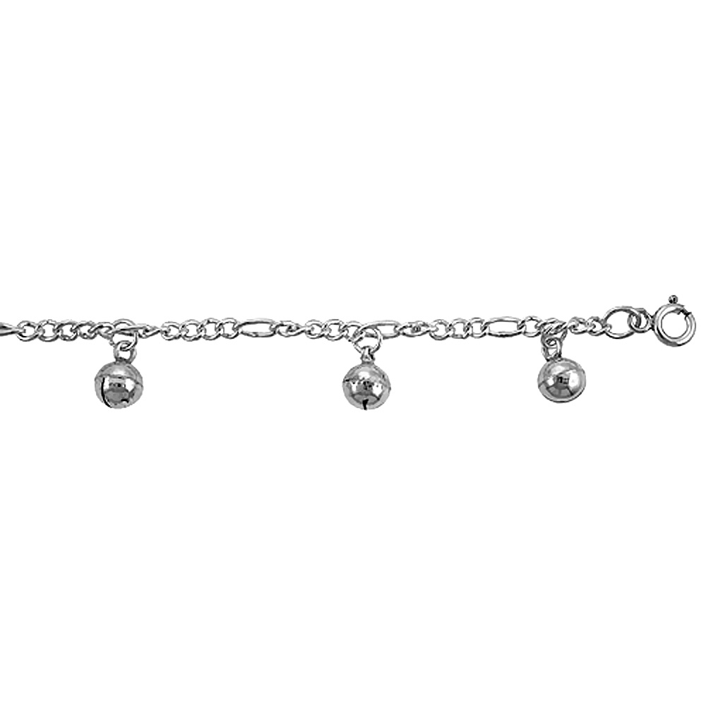 STERLING SILVER DANGLING JINGLE BELLS ANKLET FOR WOMEN FIGARO LINKS 12MM DROPS FITS 9-10 INCH ANKLES