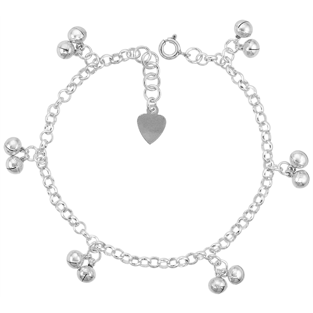 STERLING SILVER DANGLING DOUBLE JINGLE BELLS ANKLET FOR WOMEN 12MM DROPS FITS 9-10 INCH ANKLES