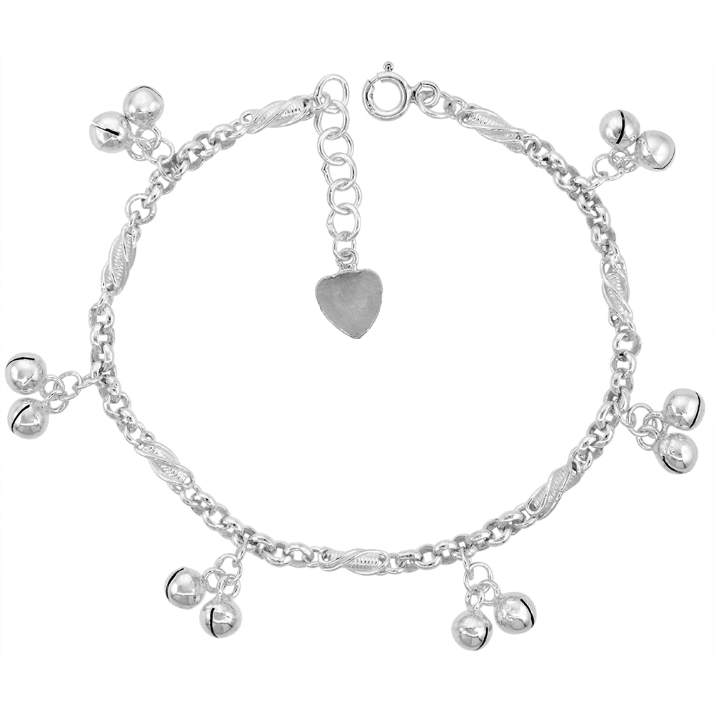 STERLING SILVER DANGLING DOUBLE JINGLE BELLS ANKLET FOR WOMEN ROLO LINKS10MM DROPS FITS 9-10 INCH ANKLES