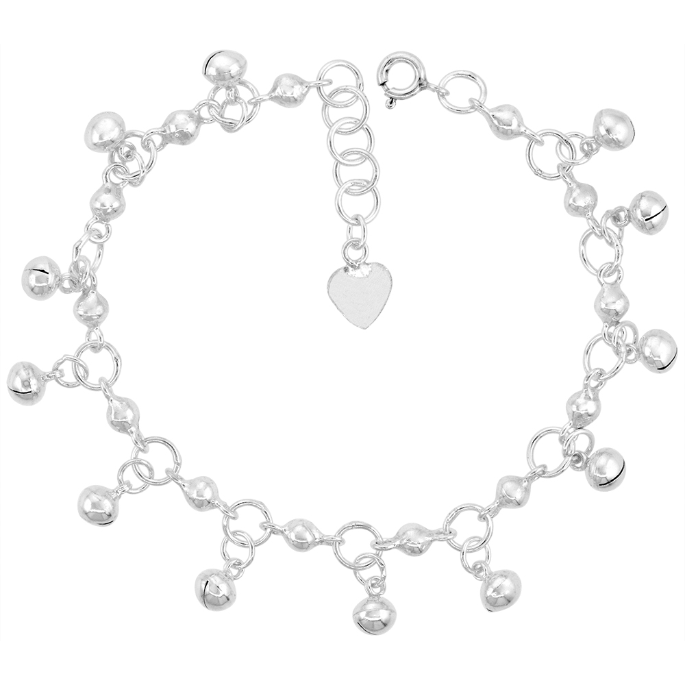 STERLING SILVER DANGLING BEADS AND JINGLE BELLS ANKLET FOR WOMEN CIRCLE LINKS14MM DROPS FITS 9-10 INCH ANKLES