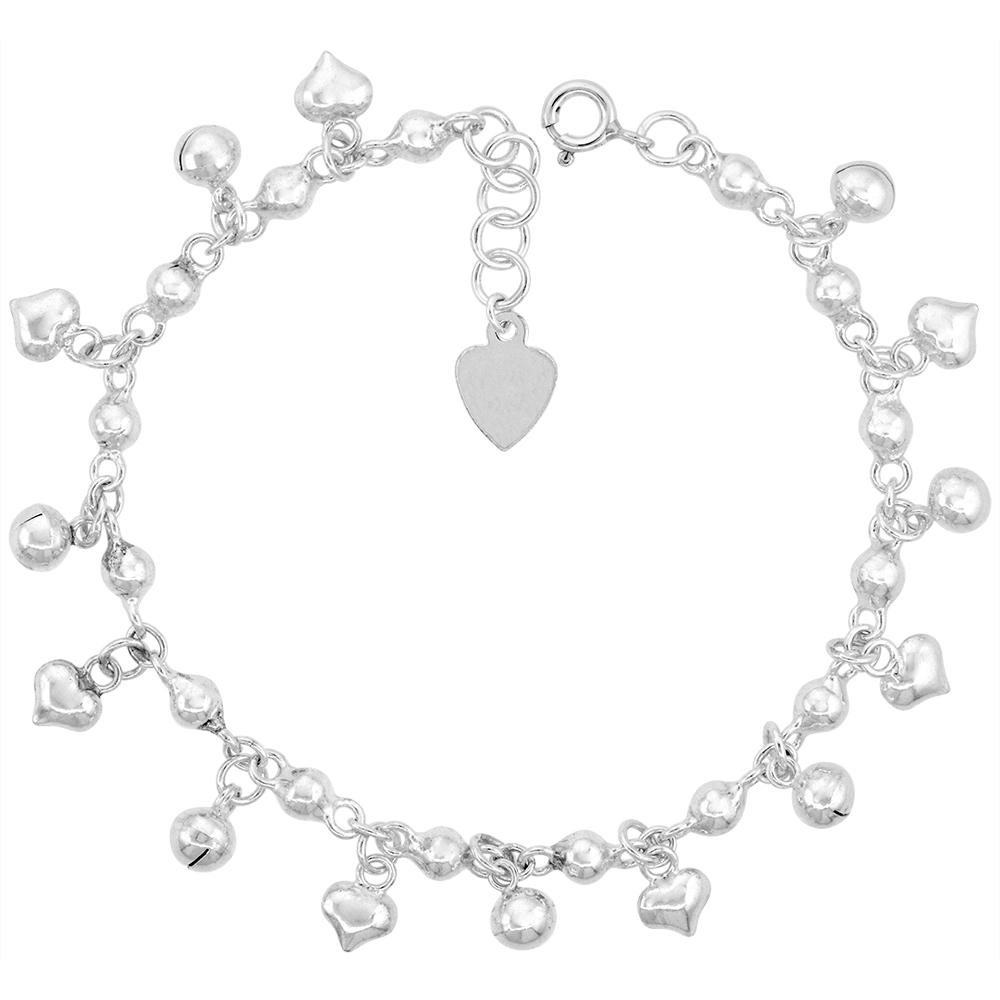 STERLING SILVER DANGLING JINGLE BELLS AND HEARTS ANKLET FOR WOMEN BEADED LINKS11MM DROPS FITS 9-10 INCH ANKLES