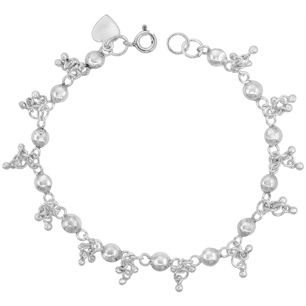 STERLING SILVER DANGLING TEENY BEAD CLUSTERS ANKLET FOR WOMEN 10MM DROPS FITS 9-10 INCH ANKLES