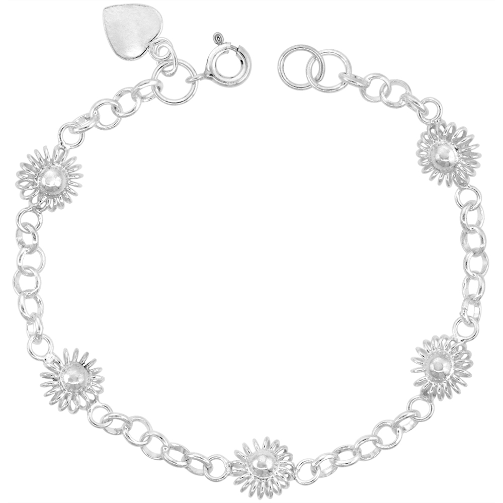 5/16 INCH WIDE STERLING SILVER STATION SUNFLOWERS CHARM BRACELET FOR WOMEN 8MM FITS 7-8 INCH WRISTS