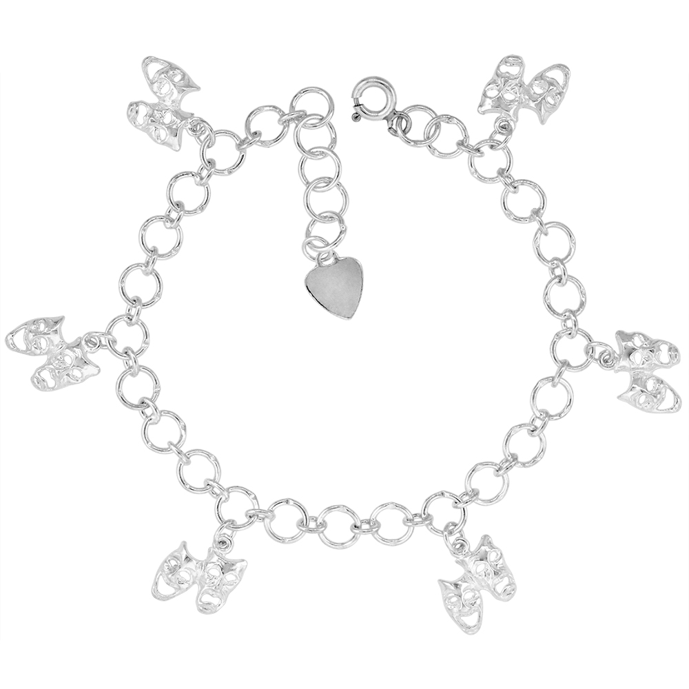 STERLING SILVER DANGLING DRAMA MASKS COMEDY TRAGEDY ANKLET FOR WOMEN 16MM DROPS FITS 9-10 INCH ANKLES