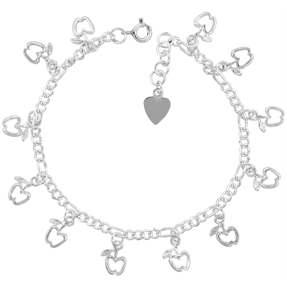 STERLING SILVER DANGLING APPLES ANKLET FOR WOMEN 14MM DROPS FITS 9-10 INCH ANKLES