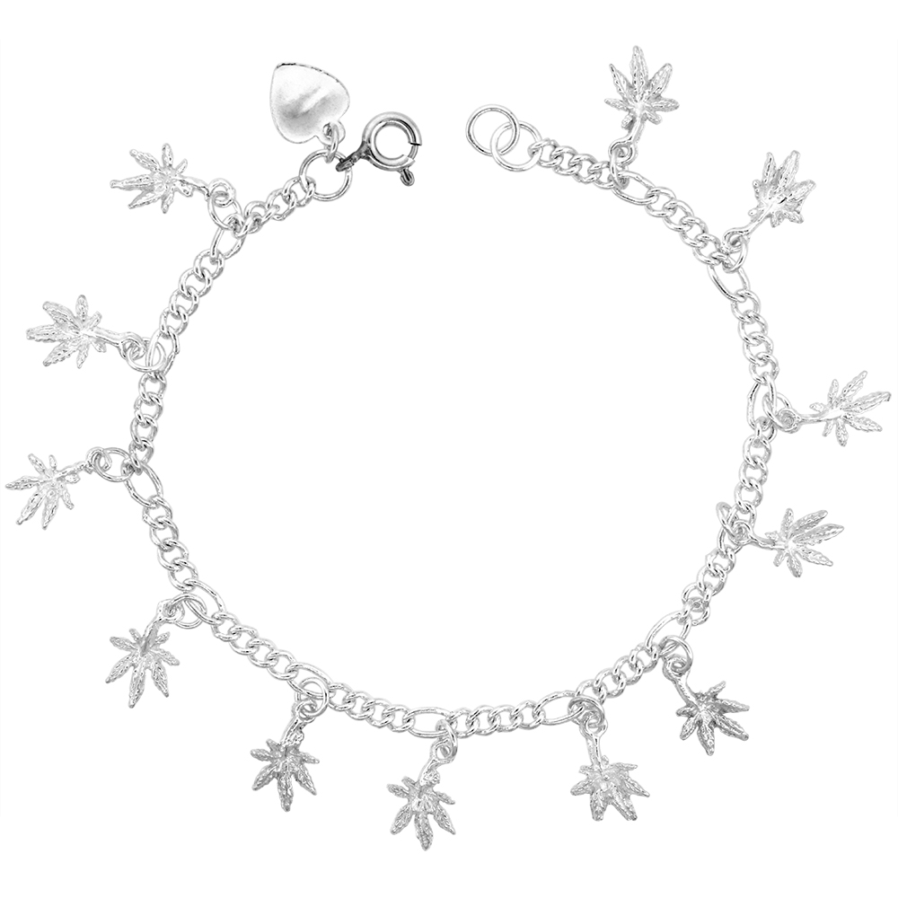 STERLING SILVER DANGLING FIGARO LINK POT LEAF ANKLET FOR WOMEN 16MM DROPS FITS 9-10 INCH ANKLES