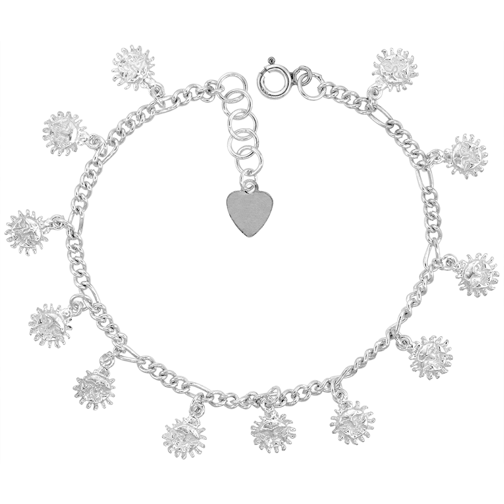 STERLING SILVER DANGLING SUN CHARM BRACELET FOR WOMEN 14MM DROPS FITS 7-8 INCH WRISTS