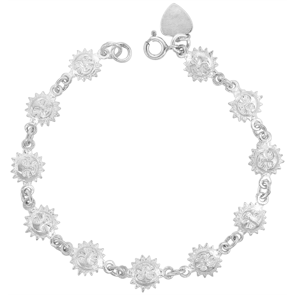 3/8 INCH WIDE STERLING SILVER LINKED SUN CHARM BRACELET FOR WOMEN 10MM FITS 7-8 INCH WRISTS