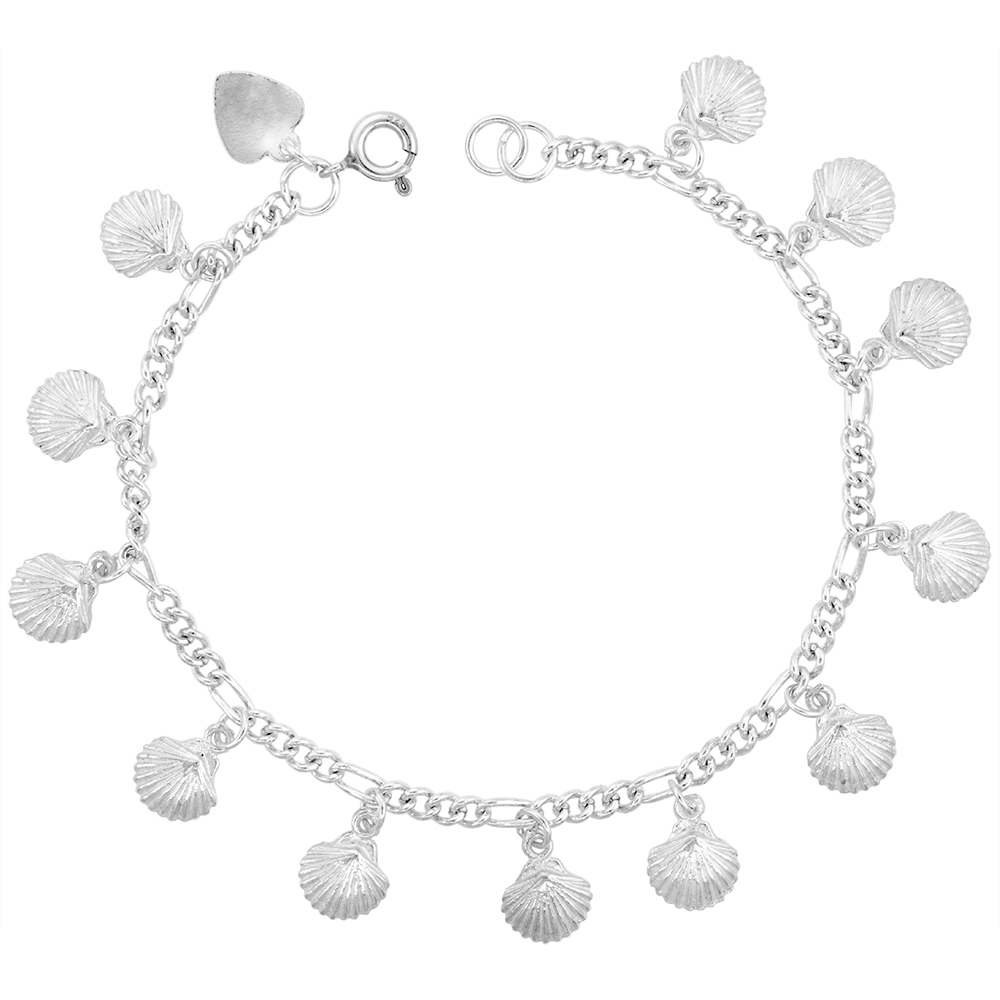 STERLING SILVER DANGLING SHELLS ANKLET FOR WOMEN 16MM DROPS FITS 9-10 INCH ANKLES