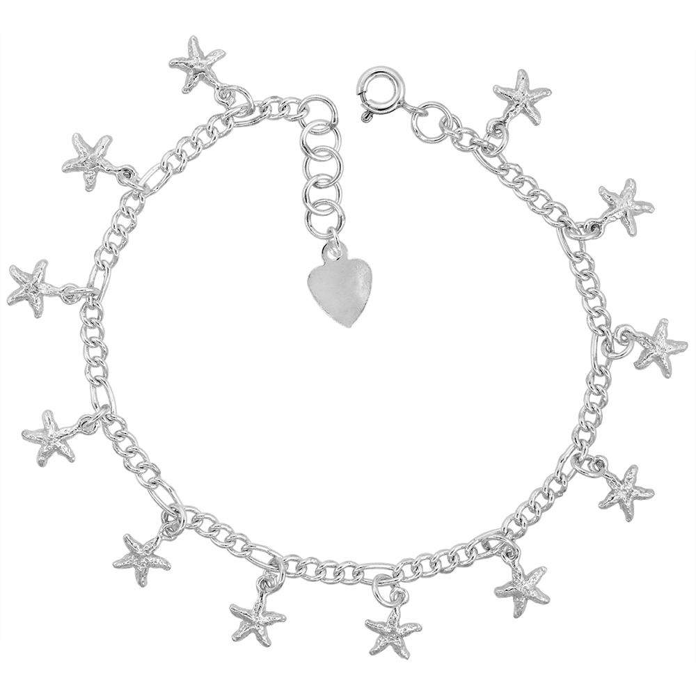 STERLING SILVER DANGLING STARS ANKLET FOR WOMEN 11MM DROPS FITS 9-10 INCH ANKLES