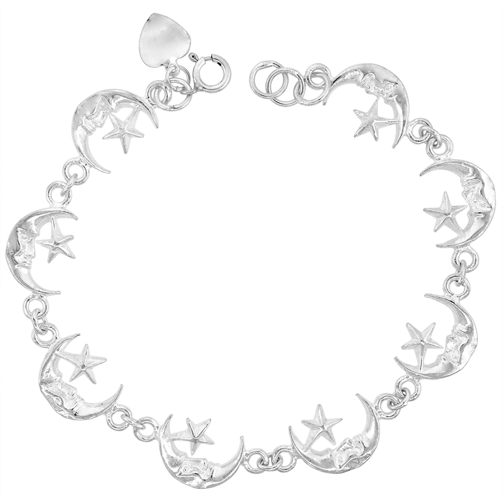 1/2 INCH WIDE STERLING SILVER LINKED MAN IN THE MOON CHARM BRACELET FOR WOMEN 12MM FITS 7-8 INCH WRISTS
