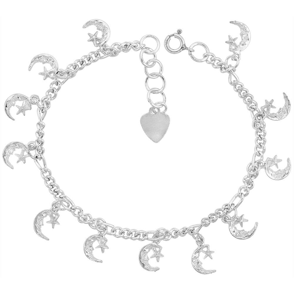 STERLING SILVER DANGLING MAN IN THE MOON ANKLET FOR WOMEN 14MM DROPS FITS 9-10 INCH ANKLES