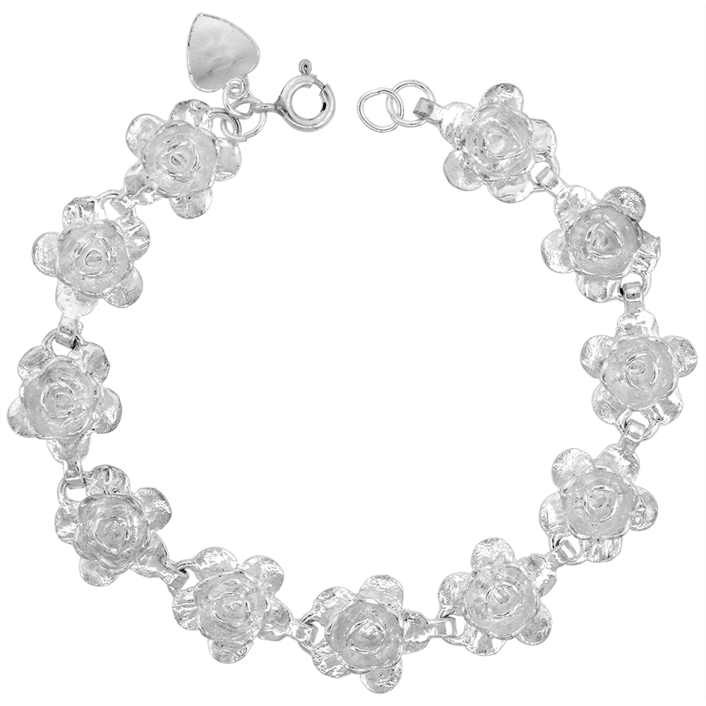 1/2 INCH LARGE STERLING SILVER LINKED ROSE FLOWER CHARM BRACELET FOR WOMEN 13MM FITS 7-8 INCH WRISTS