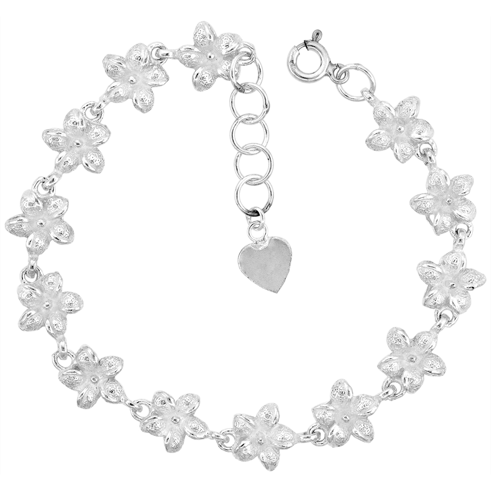 7/16 INCH WIDE STERLING SILVER HIBISCUS FLOWER CHARM BRACELET FOR WOMEN 11MM FITS 7-8 INCH WRISTS