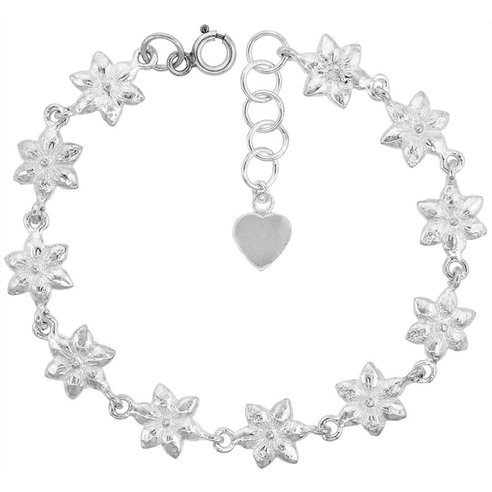 7/16 INCH WIDE STERLING SILVER 6 PETAL FLOWER CHARM BRACELET FOR WOMEN 11MM FITS 7-8 INCH WRISTS